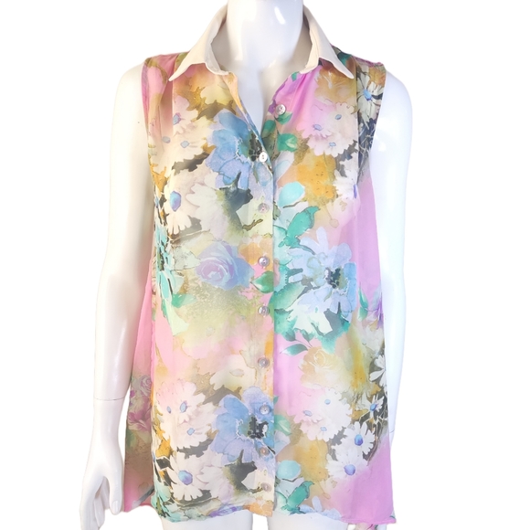 Vintage cotton candy floral sheer sleeveless blouse - Picture 4 of 6